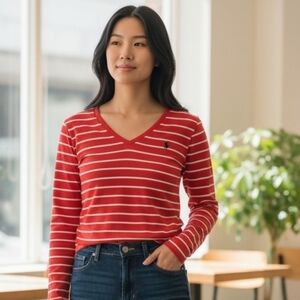 Ralph Lauren Red Striped V-Neck Top